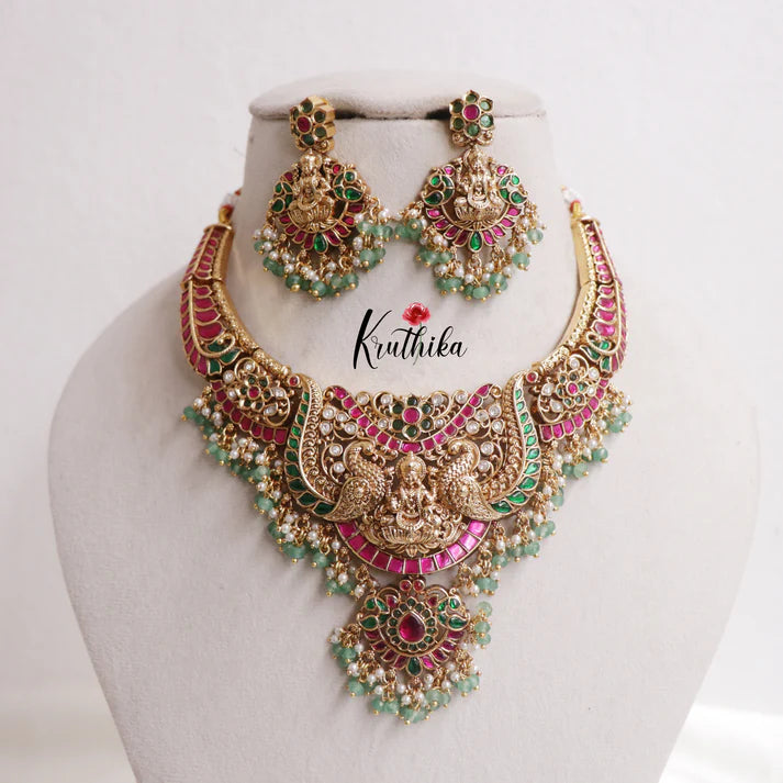 Royal Temple Lakshmi Peacock Jadau Necklace with Golden Beads