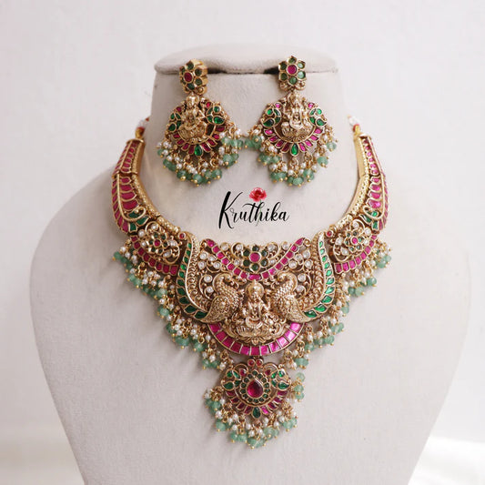 Royal Temple Lakshmi Peacock Jadau Necklace with Golden Beads